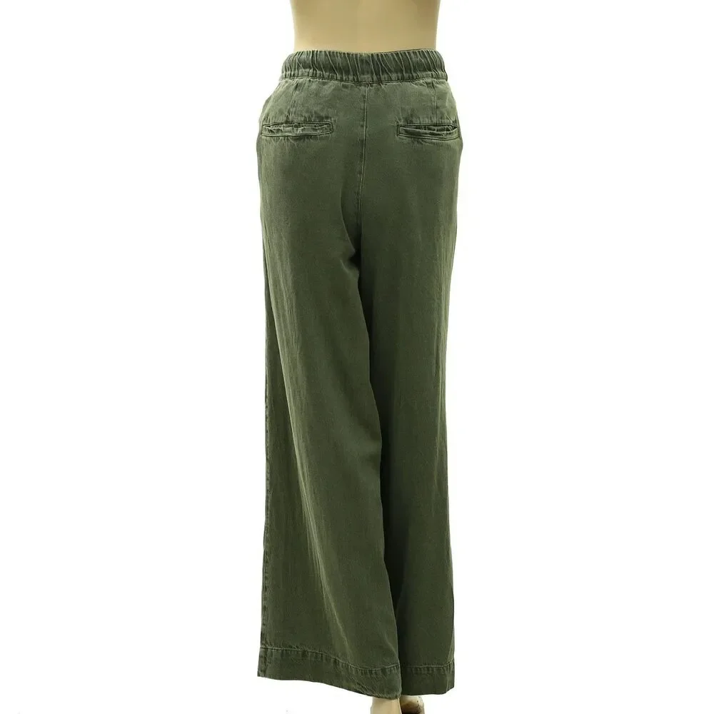 Free People Women's Wide-Leg Drawstring Trouser Pants Adjustable Olive XL 288527
